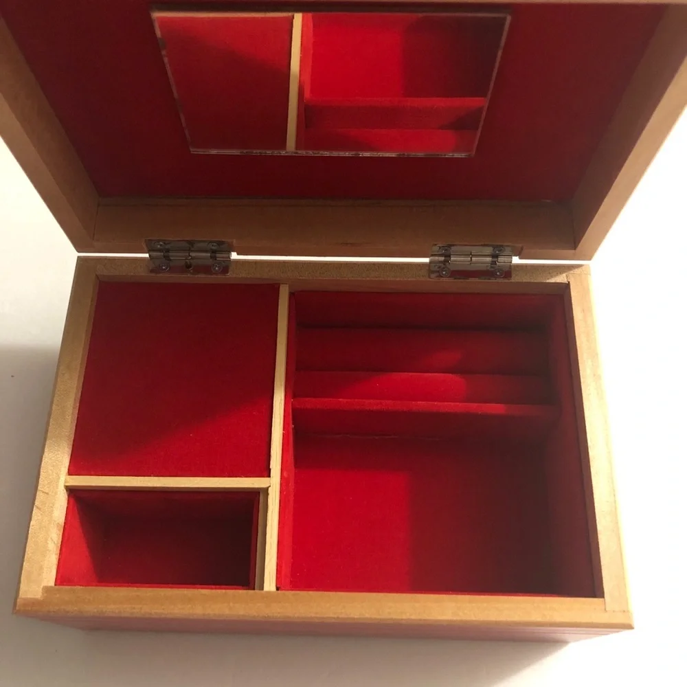 Vintage Red Wooden Jewelry Music Box with Mirror